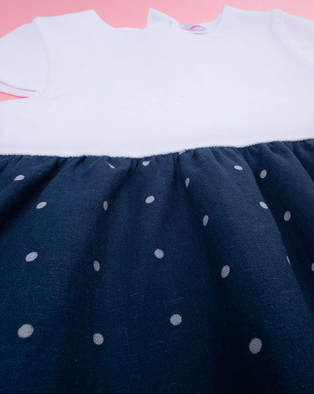 Abito lino con gonna blue a pois