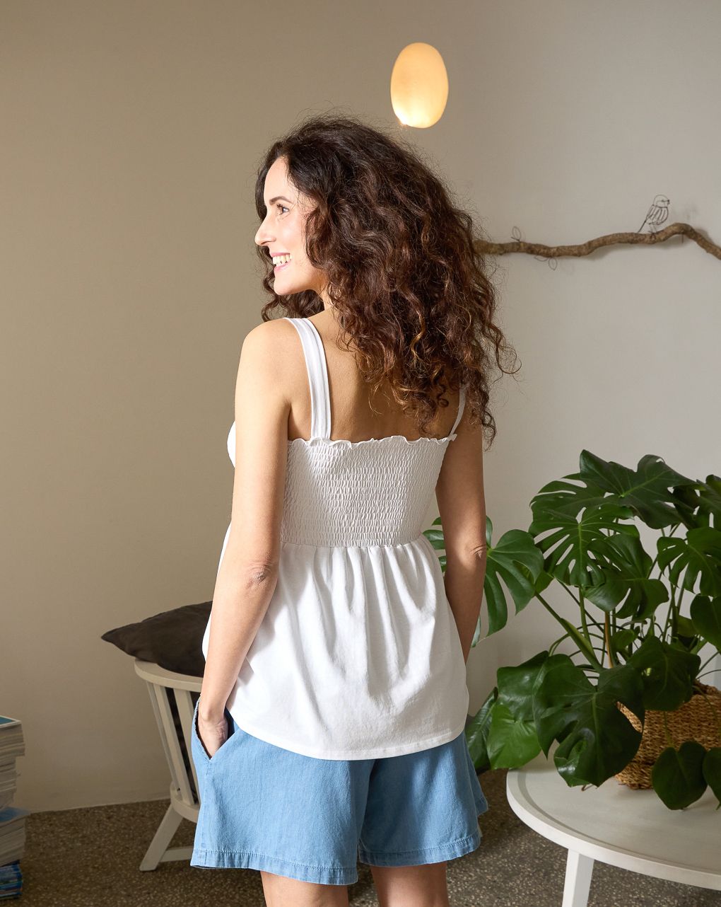 Tank top premaman bianco con punto smock