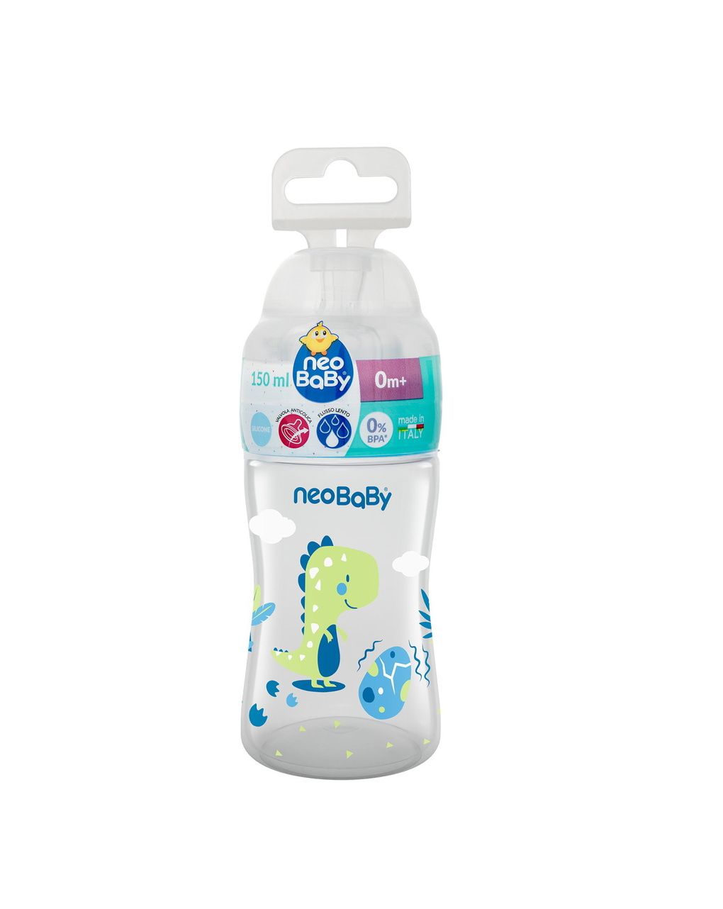 Biberon plastica collo largo silicone 150ml flusso lento blu 0m+ - neobaby