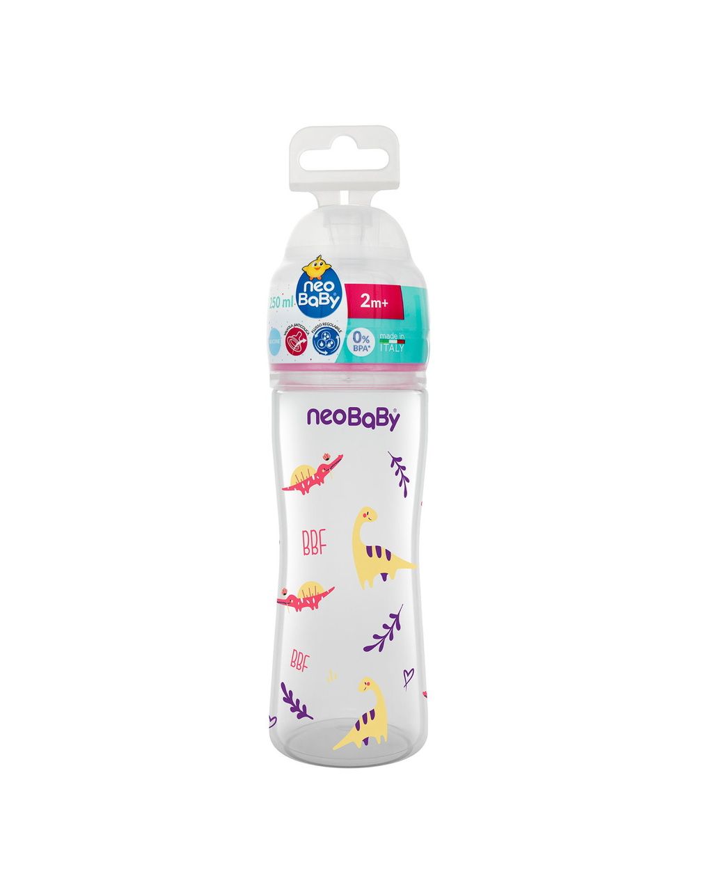 Biberon plastica collo largo silicone 250ml flusso regolabile rosa 2m+ - neobaby