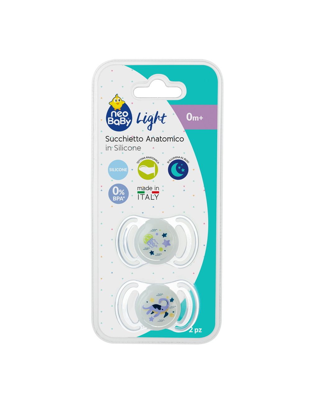 Succhietto anatomico silicone mini 0m+ glow 2 pezzi - neobaby