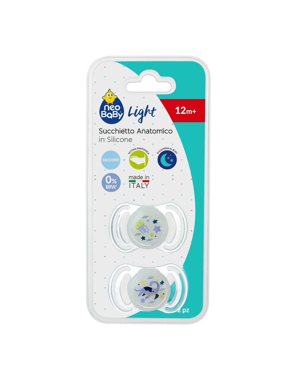 Succhietto anatomico silicone maxi 12m+ glow 2pezzi - neobaby