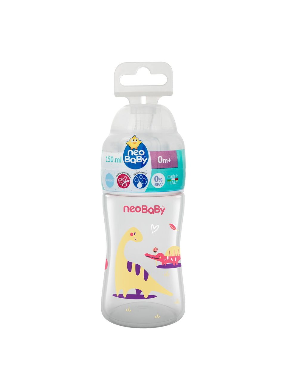 Biberon plastica collo largo silicone 150ml flusso lento rosa 0m+ - neobaby