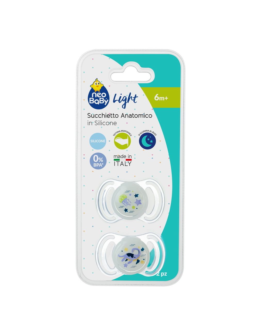 Succhietto anatomico silicone medio 6m+ glow 2 pezzi - neobaby