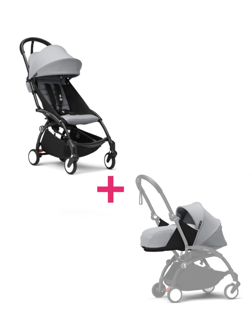 Passeggino duo con telaio yoyo³ black con seduta e navicella morbida stone 6+ - stokke® yoyo®