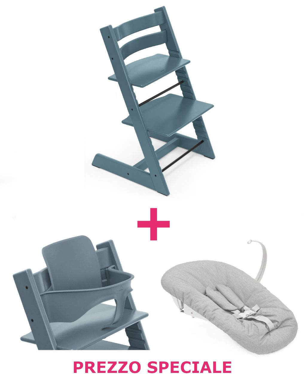 Tripp trapp fjord blue + newborn set + babyset v2 fjord blue a un prezzo speciale - personalizzabile - stokke®