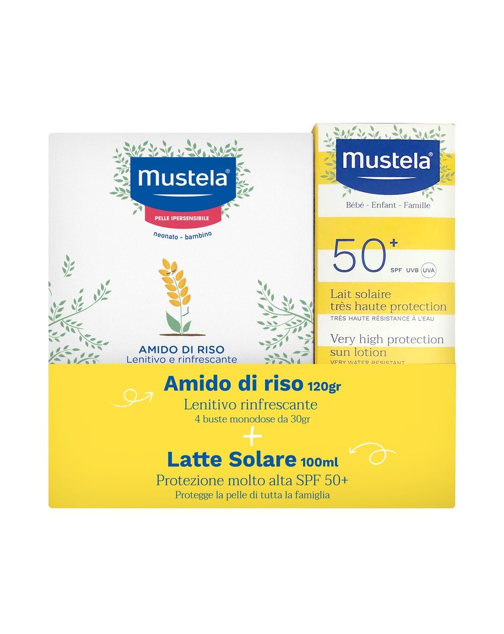 Latte solare protezione molto alta spf50+ 100ml + amido di riso 120gr - mustela