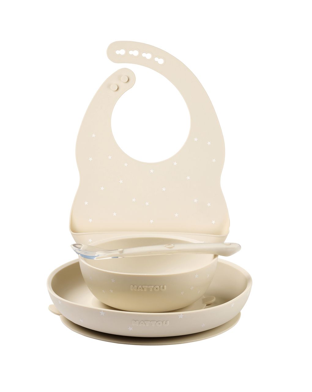 Set 4 pezzi pappa con bavaglino in siliconeargilla con stelline- nattou