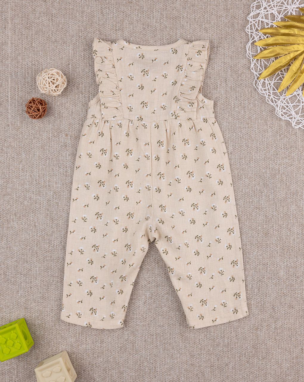 Tutina bimba in lino beige fiori allover