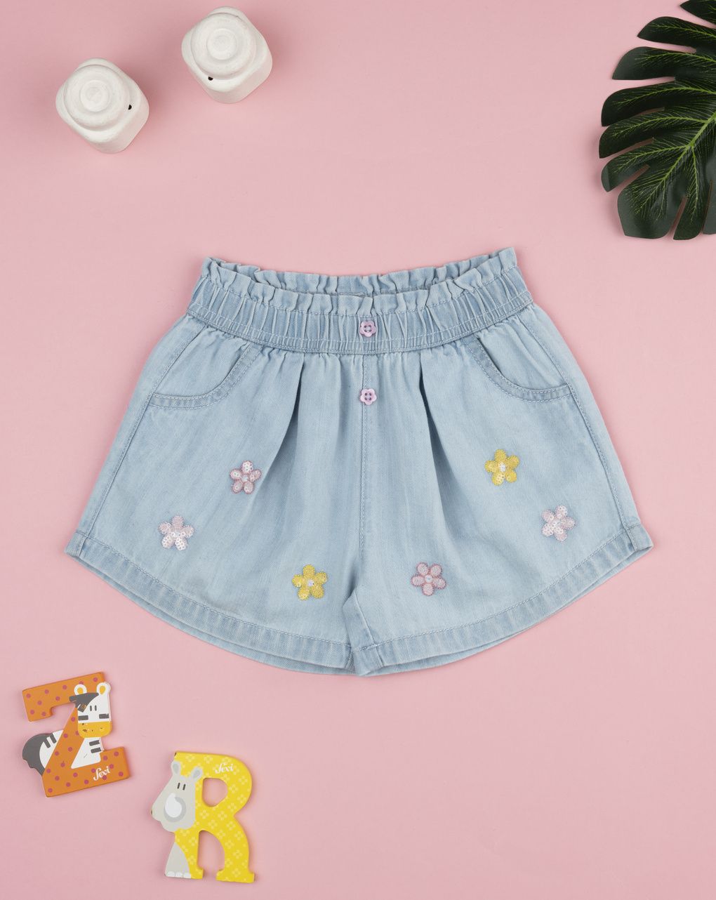 Shorts bimba denim fiori applicati