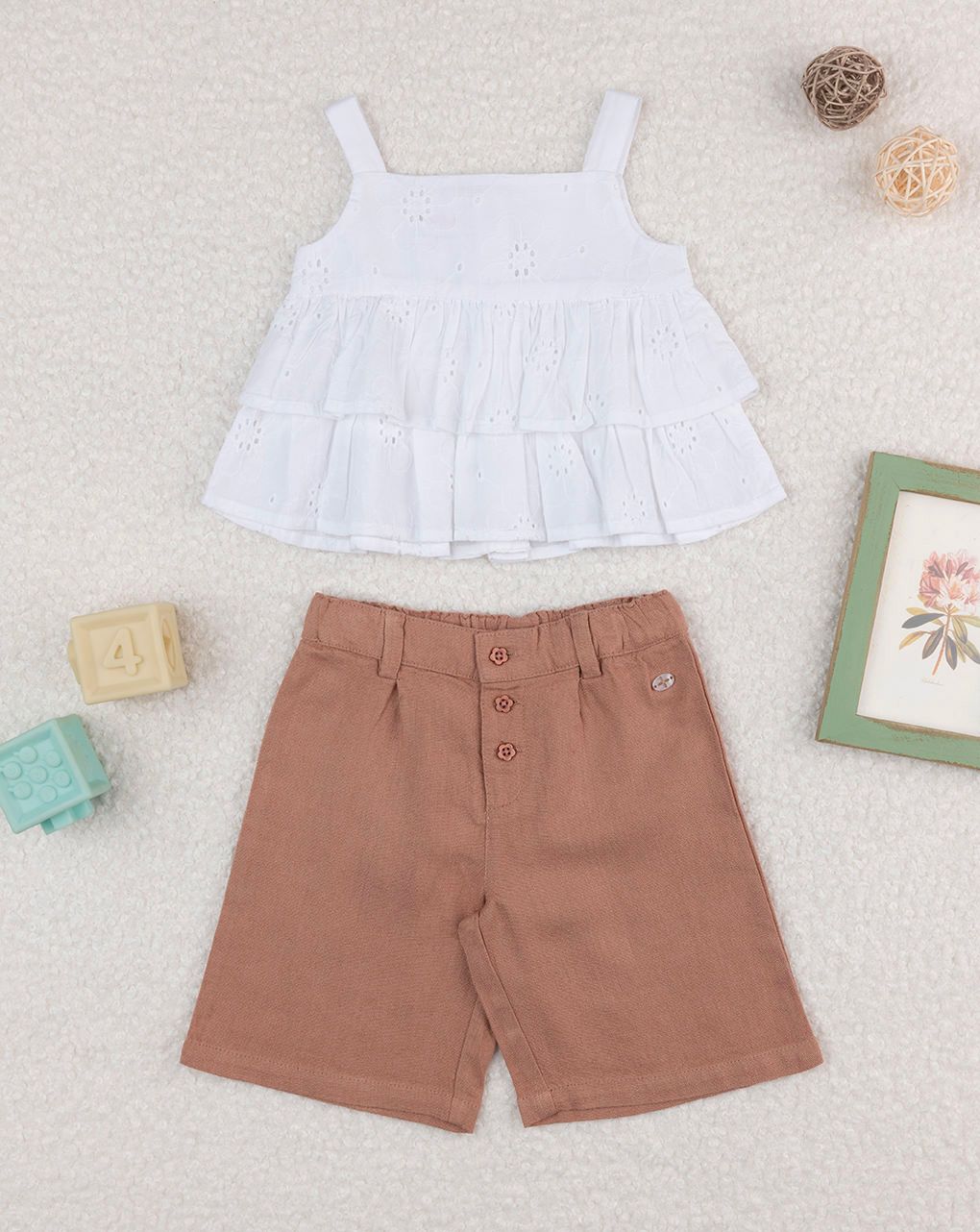 Completo bimba marrone/bianco sangallo e lino