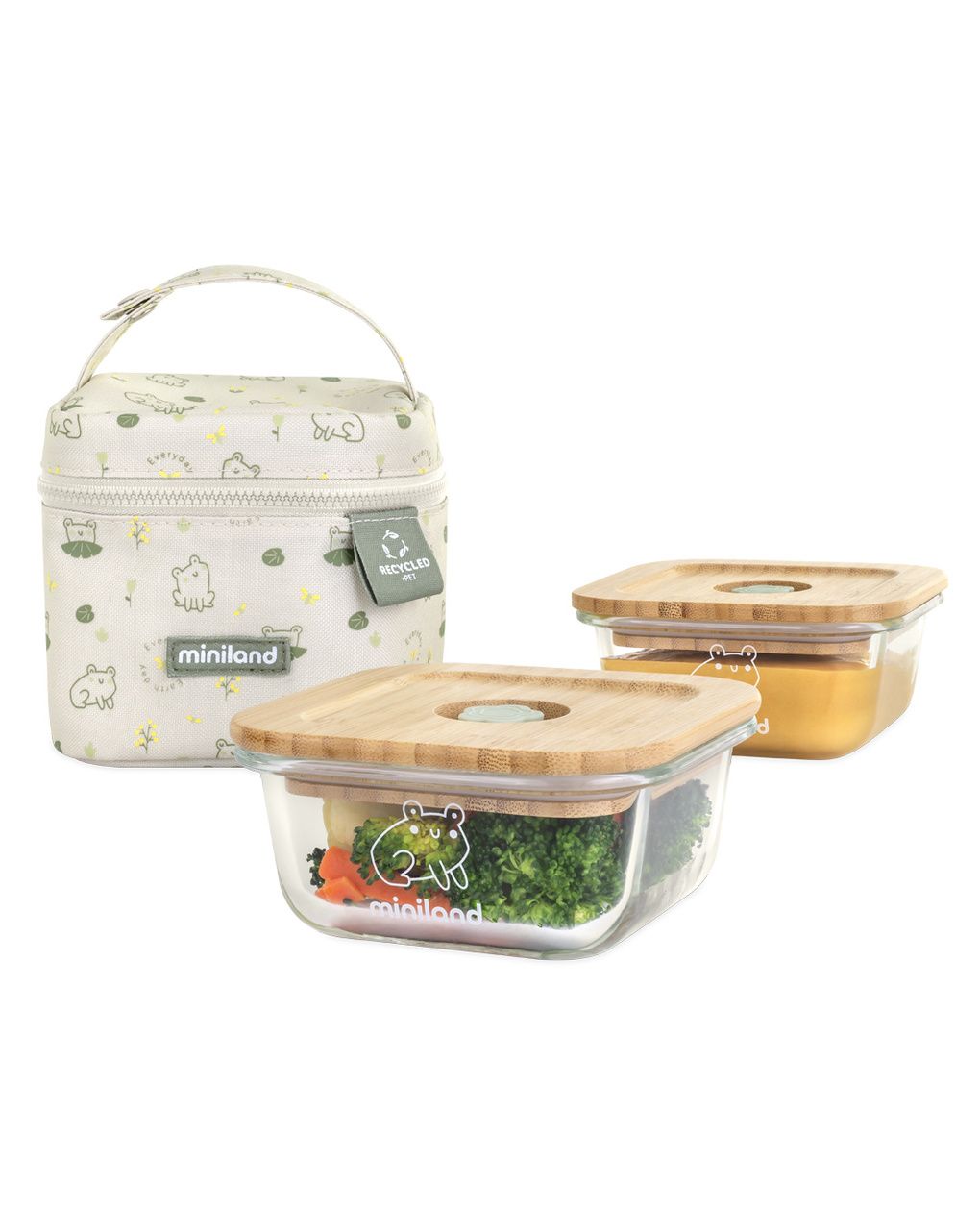 Set di contenitori eco square per alimenti e borsa trasporto ranocchie  - miniland