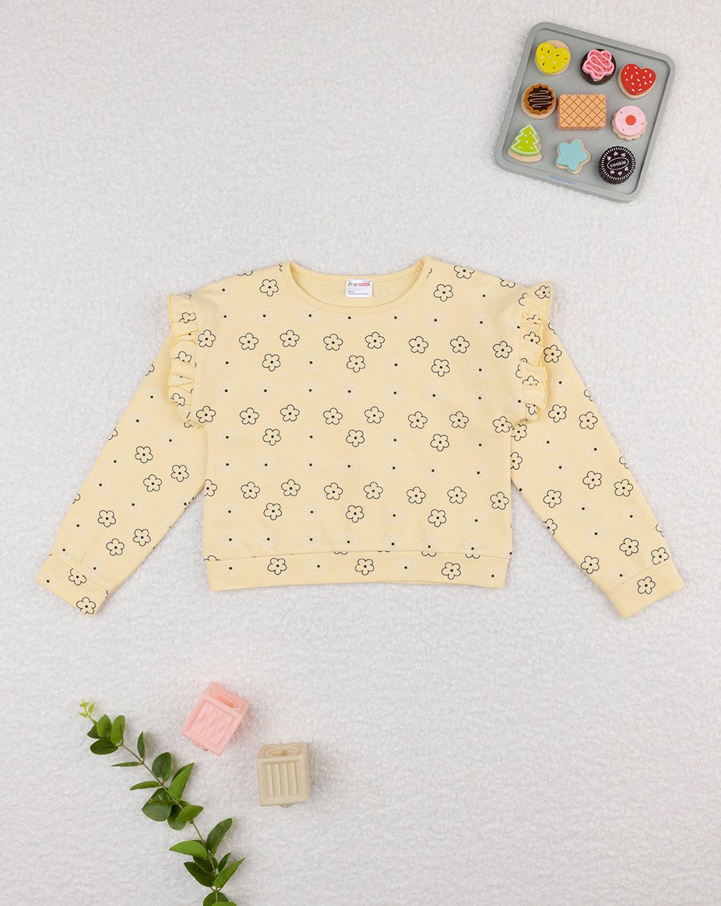 Felpa bimba gialla margherite allover e rouches