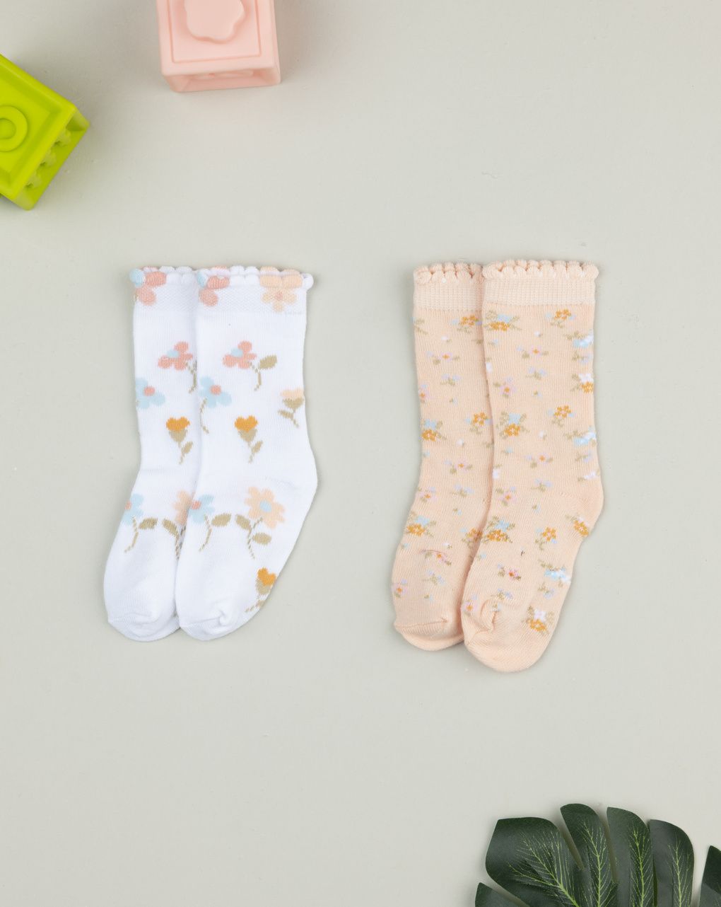 Pack 2 gambaletti bambina bianco/rosa fiori