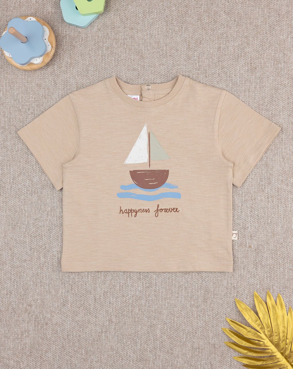 T-shirt bimbo beige stampa barca