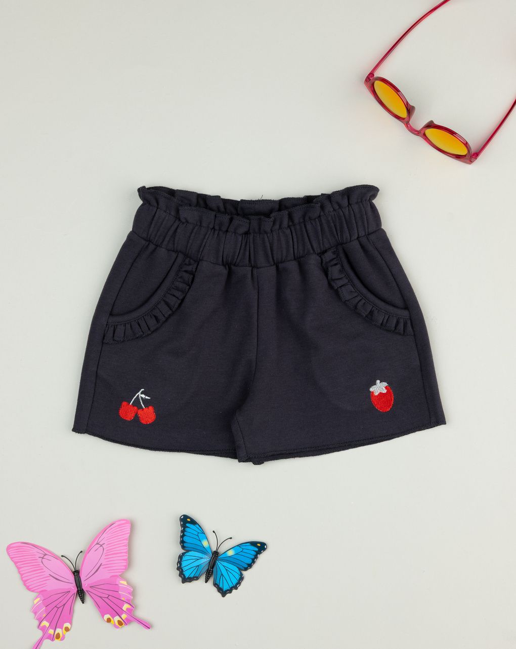 Shorts bimba neri ricami frutta