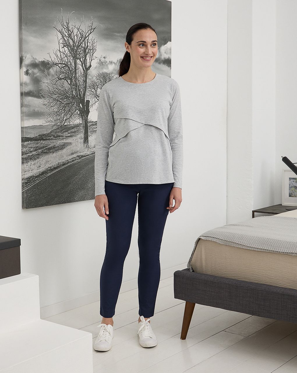 Pantalone premaman blu con fascia alta in vita