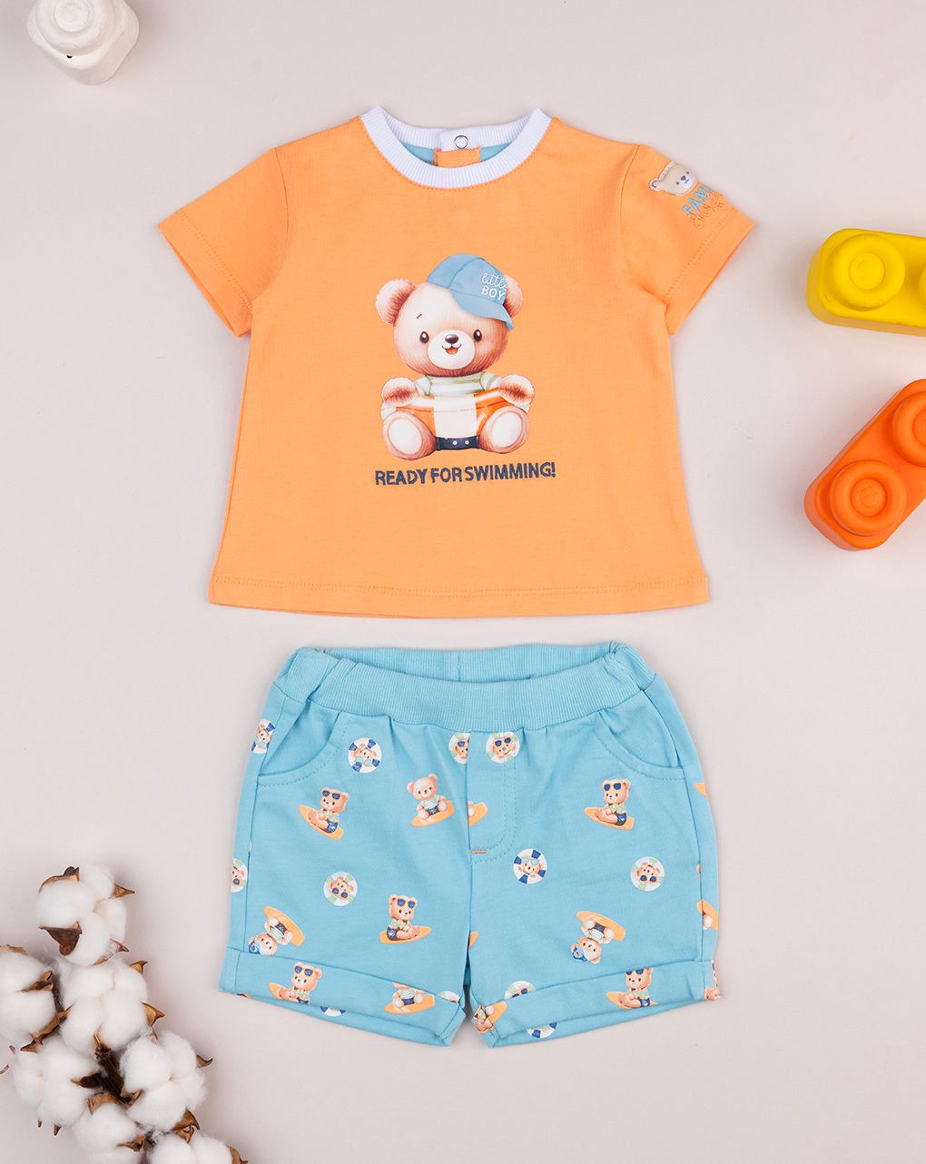 Completo corto bimbo azzurro/arancione orsetti