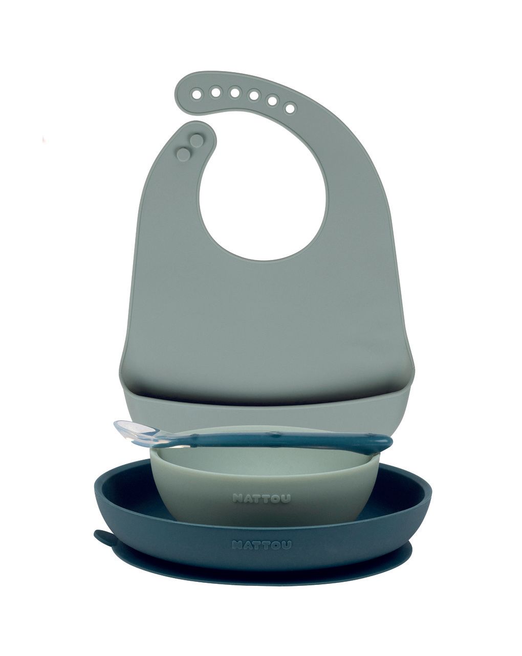 Set 4 pezzi verde con bavaglino per la pappa in silicone - nattou