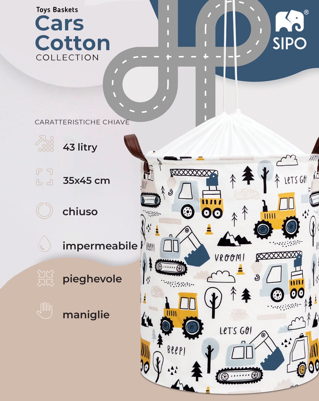 Cestino per giocattoli in cotone mini camion - chiusura a coulisse - 43 l - sipo