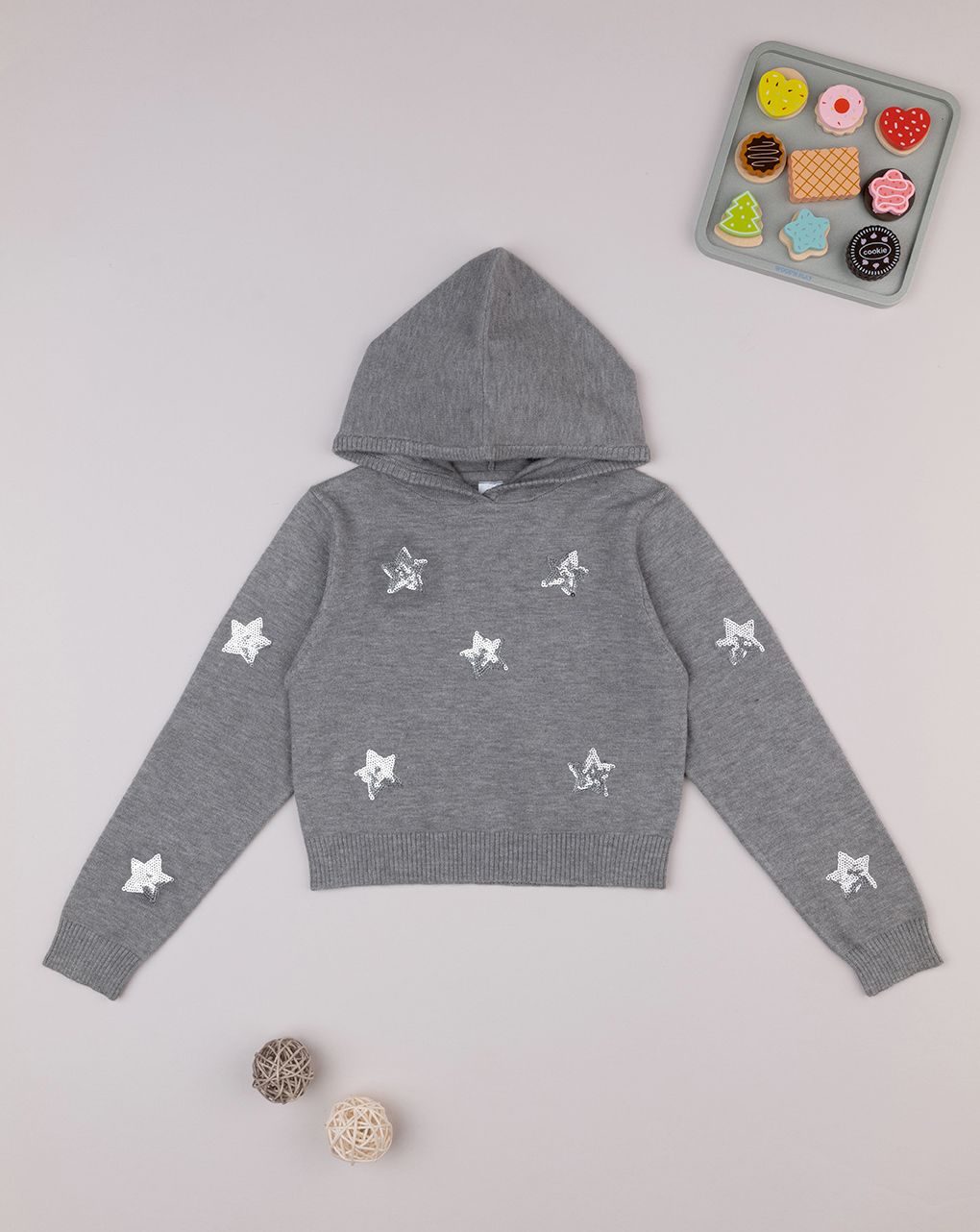 Maglia bambina tricot grigio con cappuccio