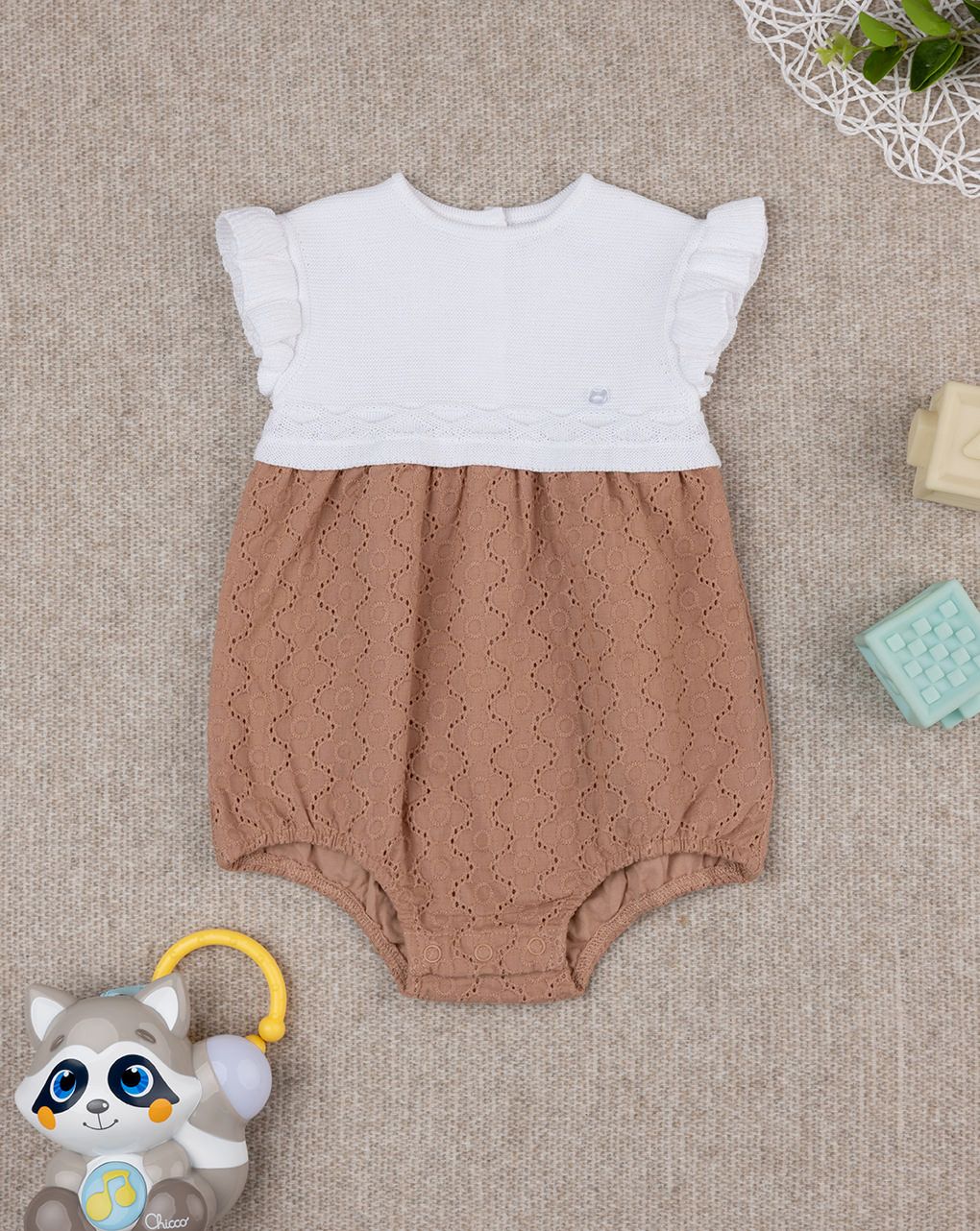 Pagliaccetto bimba bianco/marrone sangallo