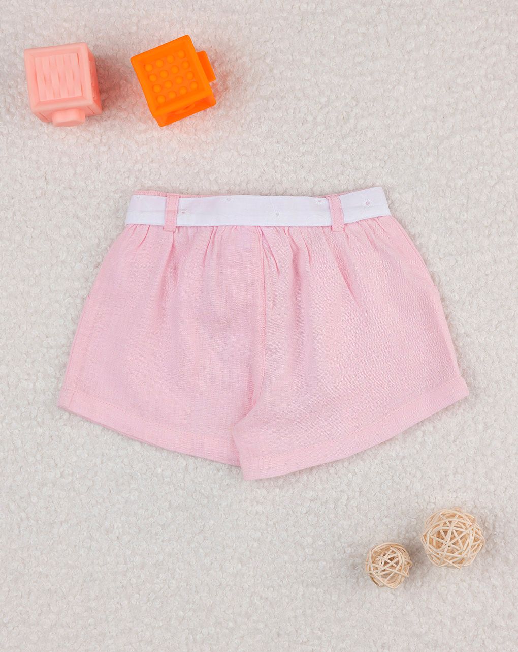 Shorts bimba rosa cintura sangallo bianco