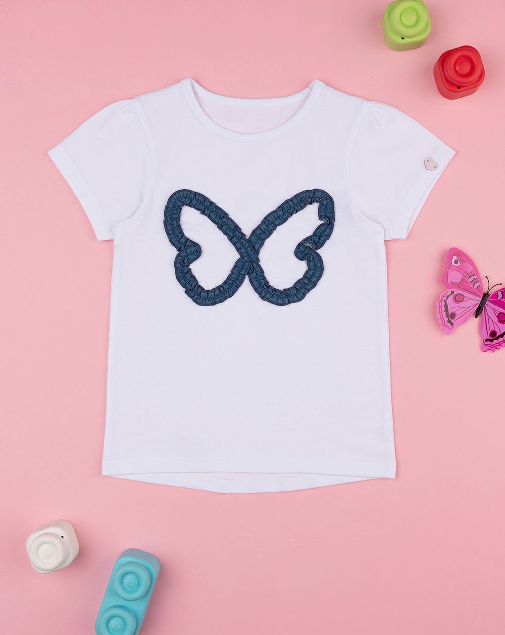 T-shirt bimba bianca farfalla denim