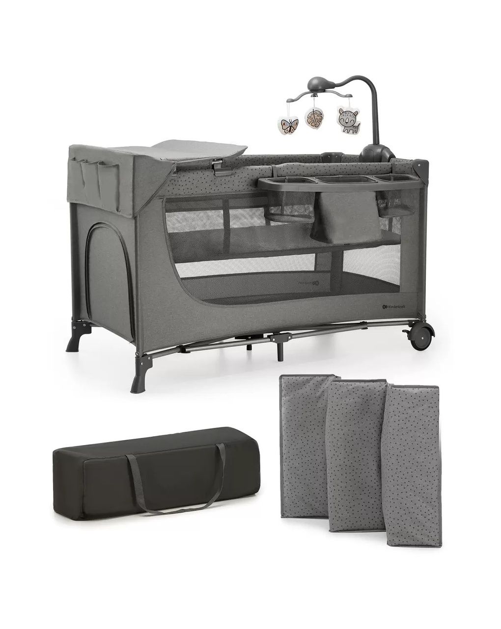 Lettino da viaggio 3in1 joy 2 con accessori grigio scuro - kinderkraft