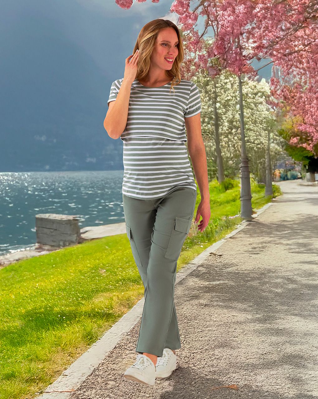 T-shirt premaman allattamento con stampa righe verdi