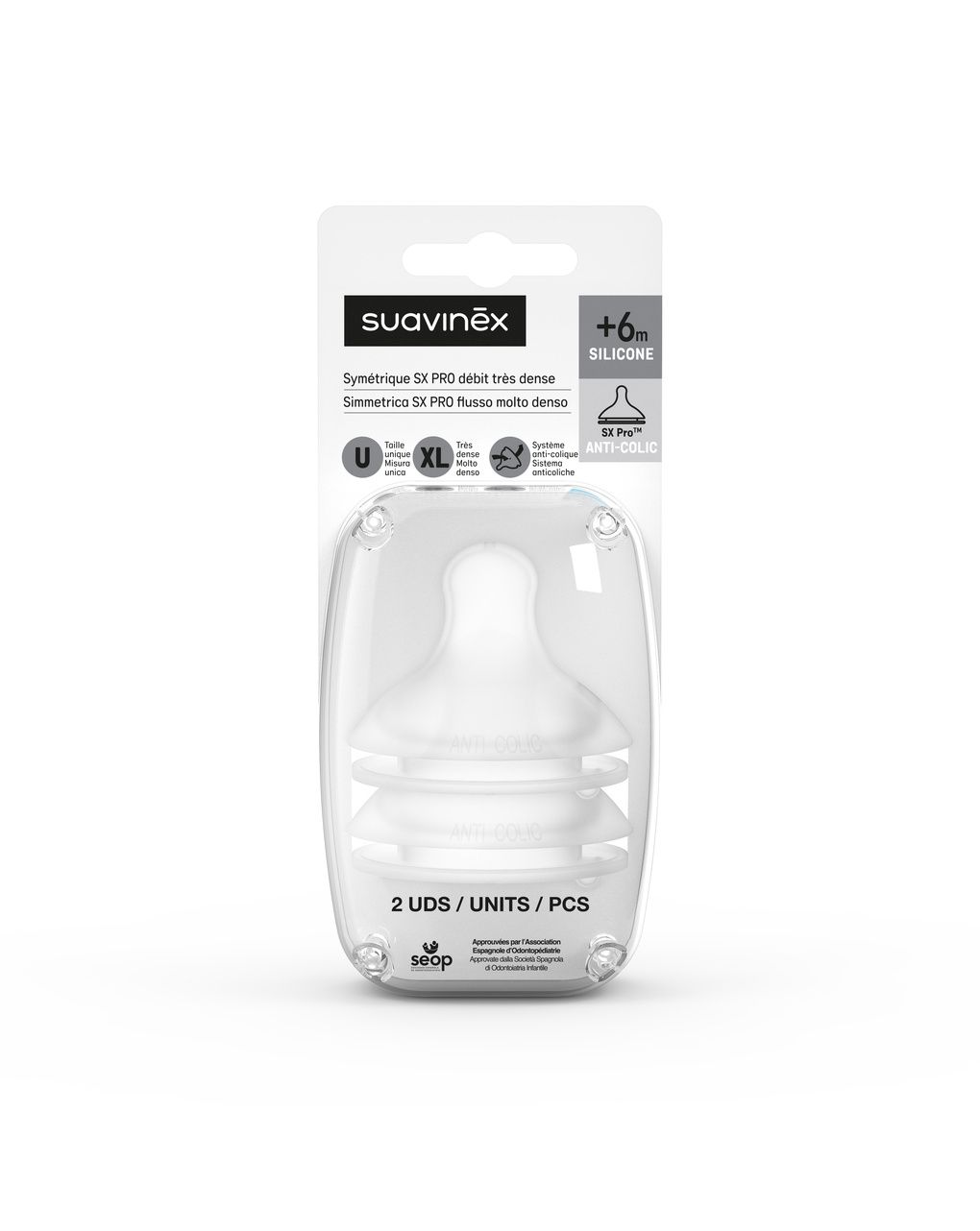 2 tettarelle simmetriche sx pro fisio xl con foro largo - flusso denso - suavinex