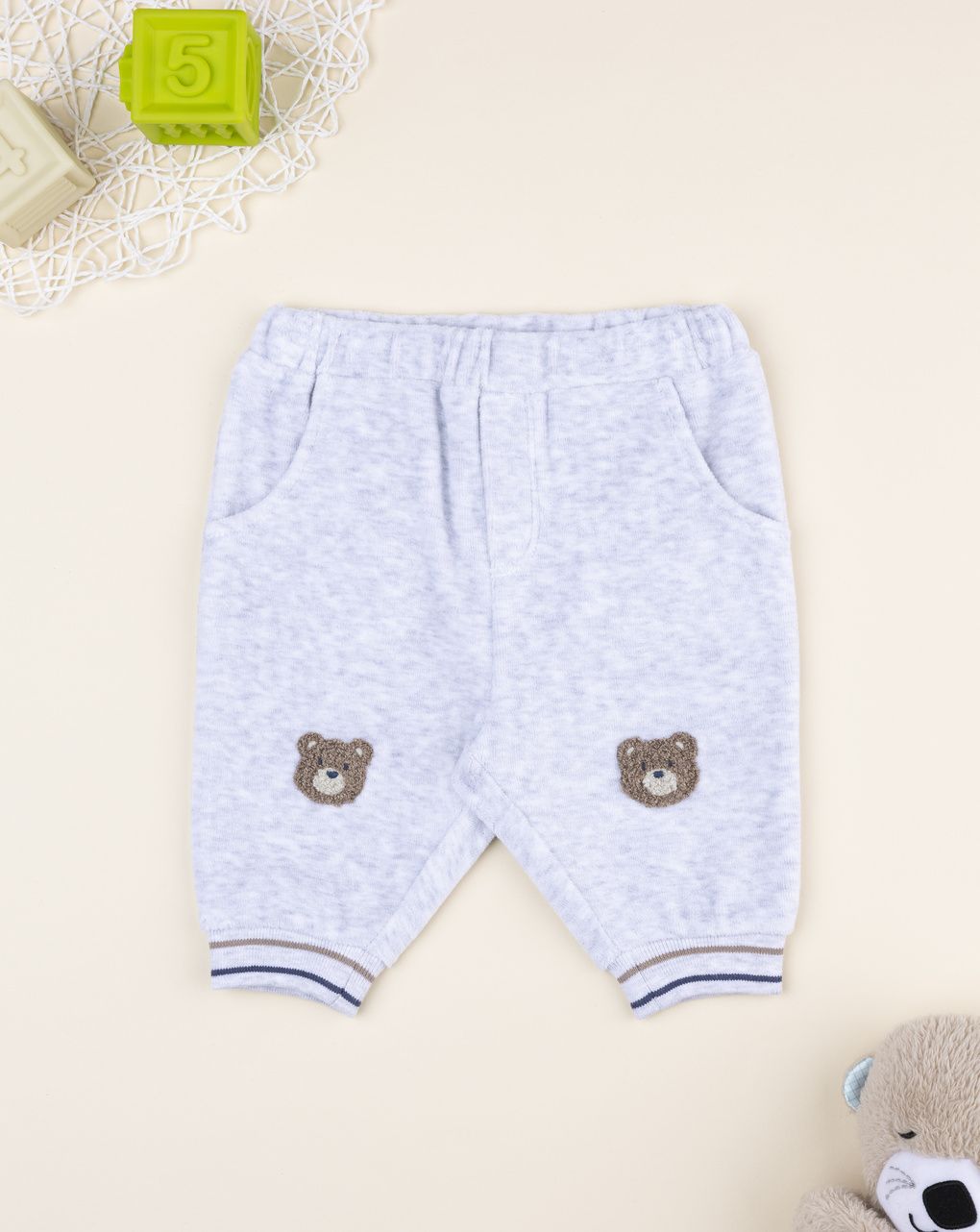 Pantalone bimbo grigio chiaro patch orsi