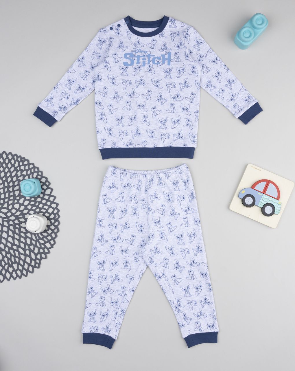 Pigiama bimbo grigio/blu allover stitch