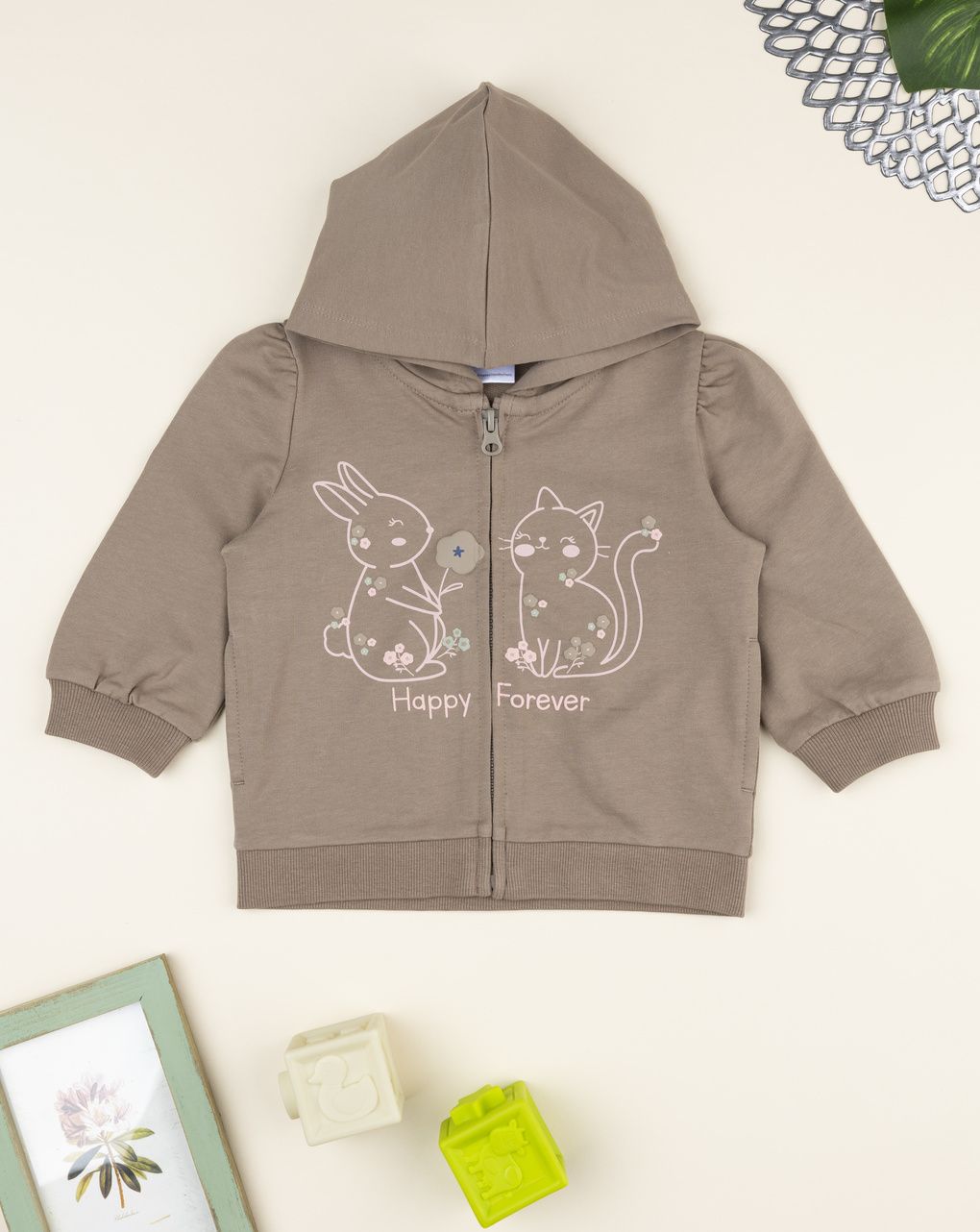 Felpa bimba marrone con cappuccio e stampa