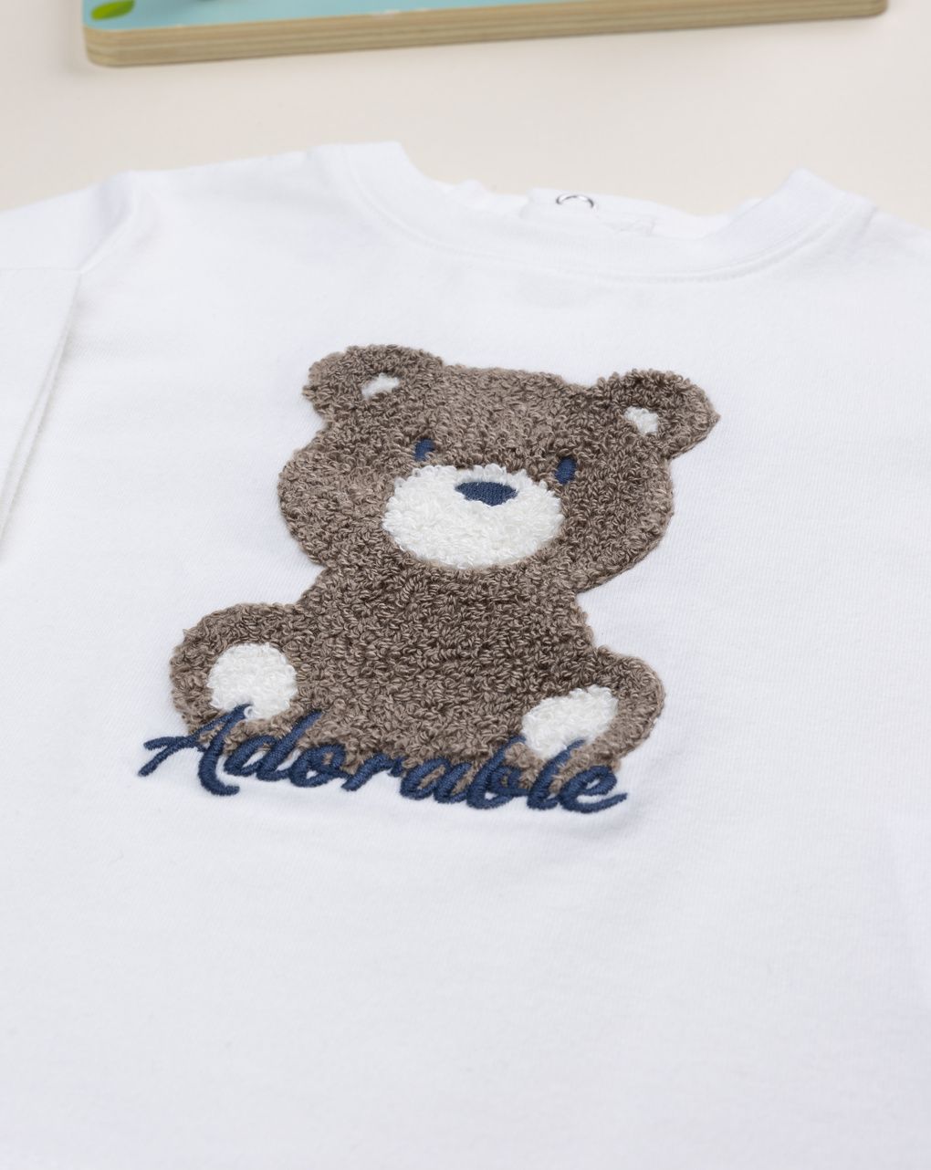 T-shirt bimbo bianca stampata patch orso