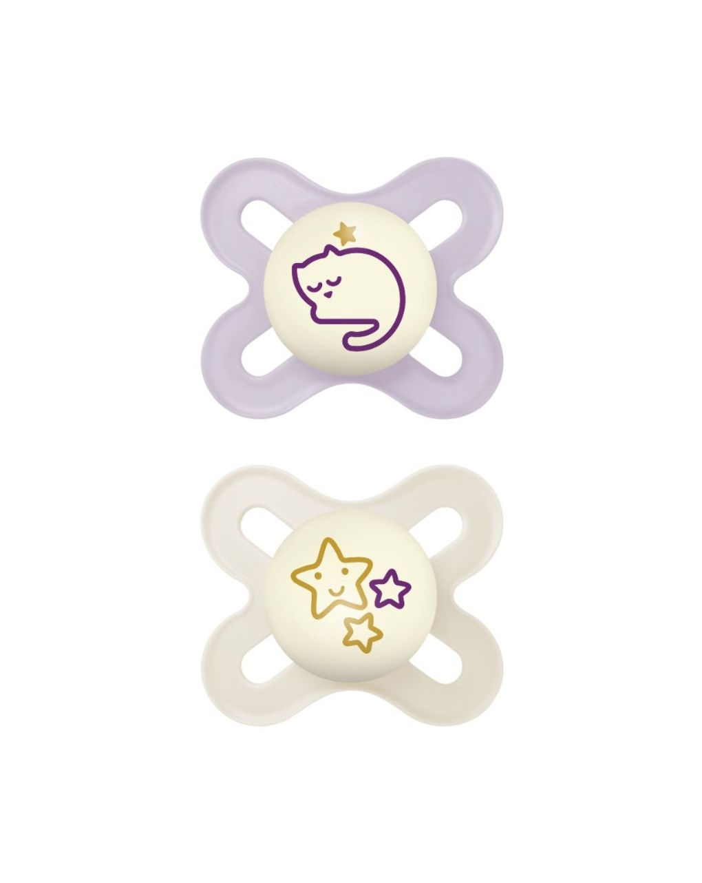 Succhietto original start night 0-2 mesi set da 2 silicone e porta ciuccio sterilizzatore, lilla - mam