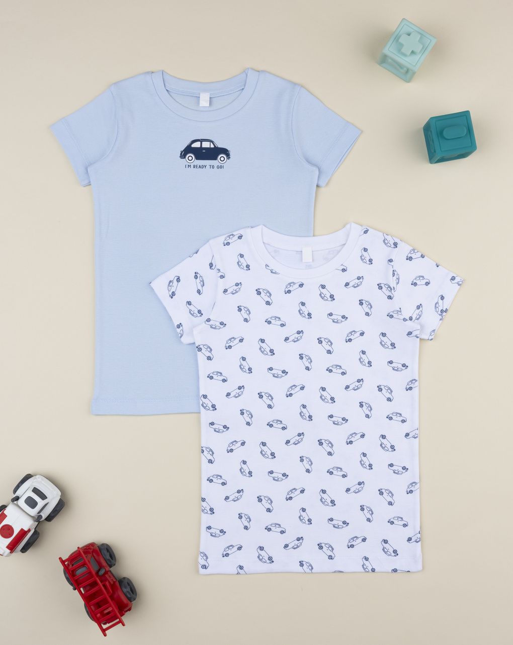 Pack 2 t-shirt intime bambino auto azzurro/bianco
