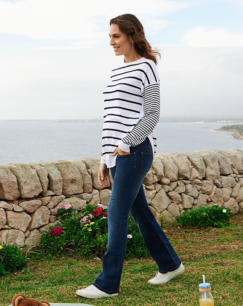 Pantalone premaman in denim stretch con fascia alta in vita