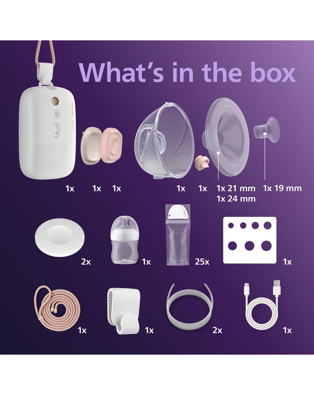 Set tiralatte elettrico indossabile singolo hands free  + biberon natural response 125ml + sacchetti conserva latte - philips avent