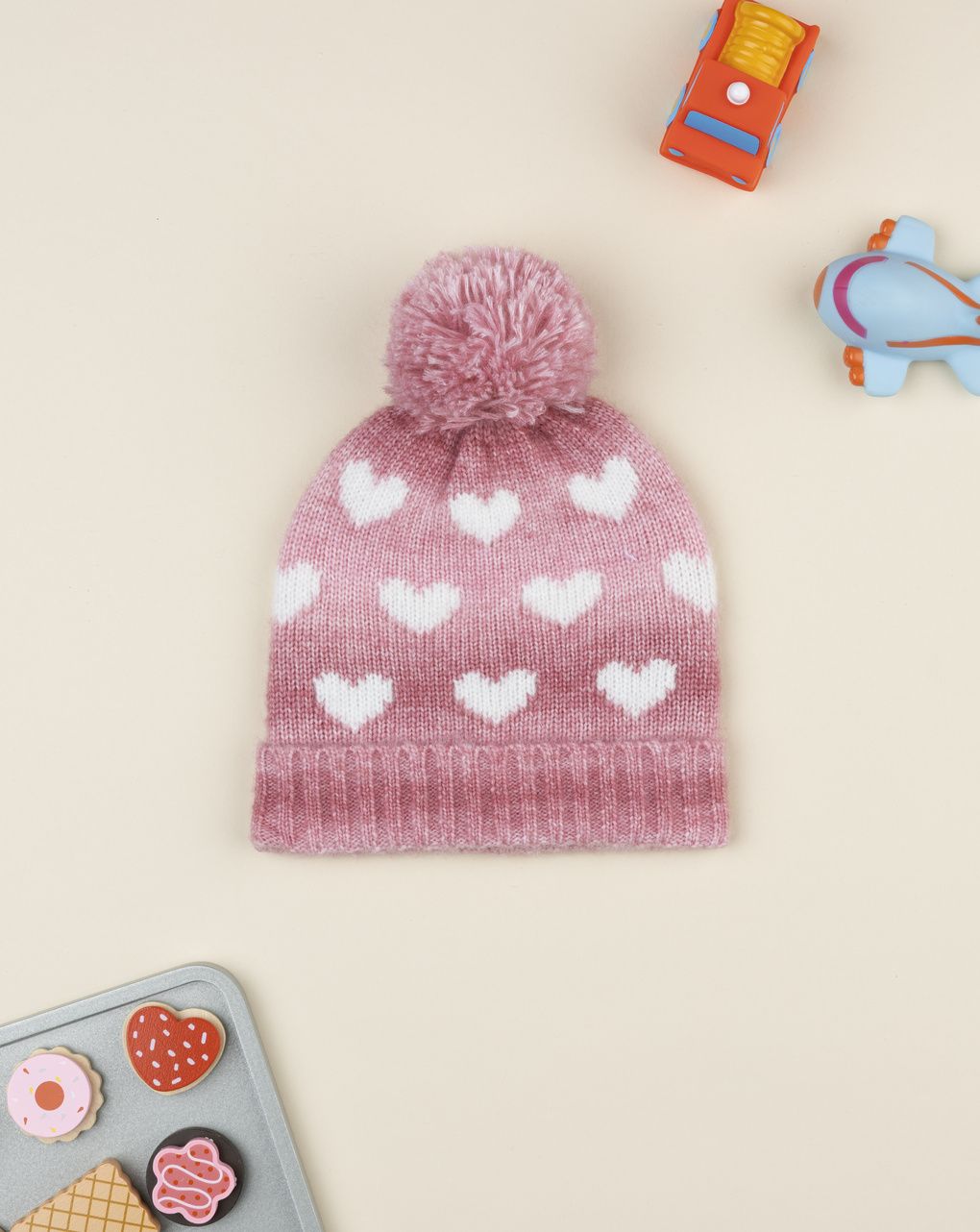 Berretto tricot bambina rosa cuori