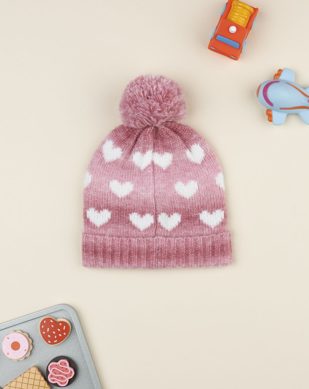 Berretto tricot bambina rosa cuori