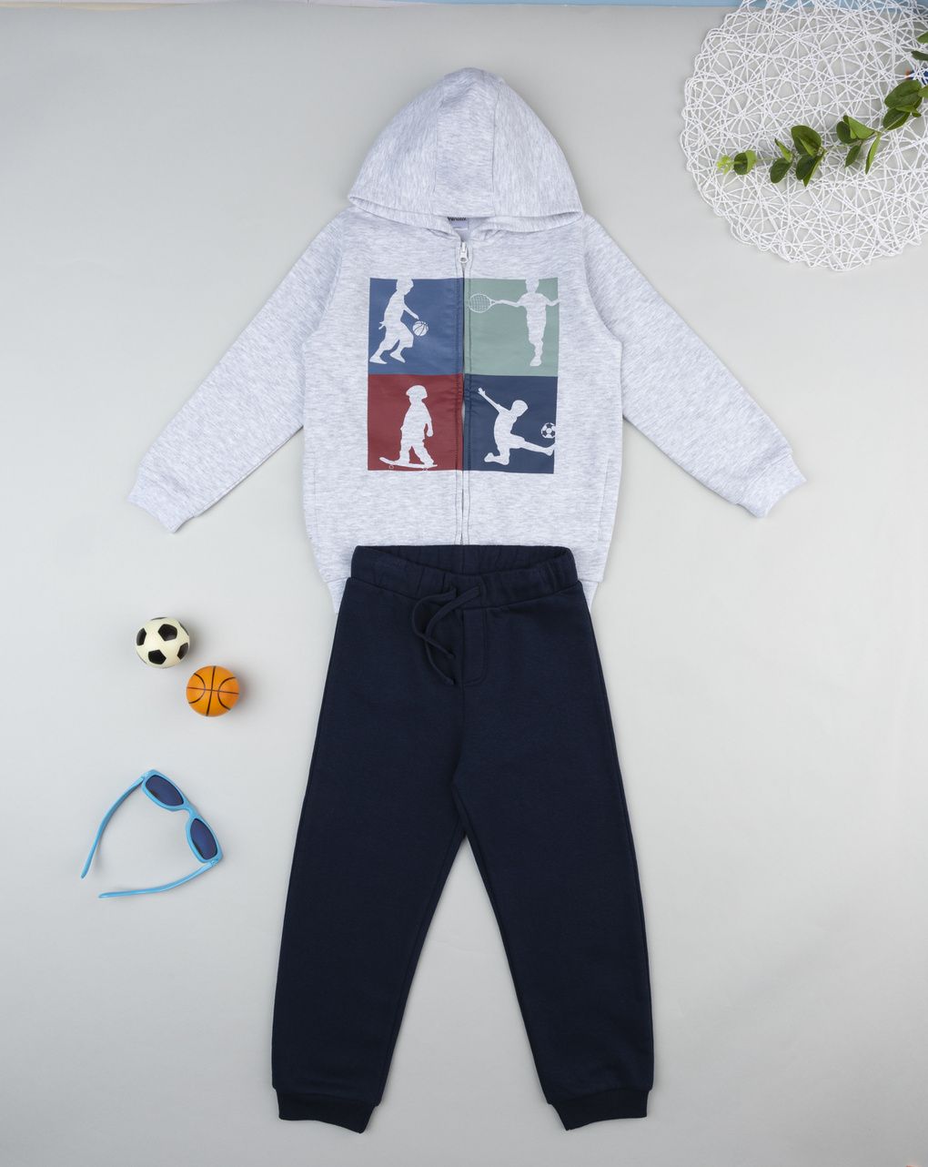 Completo jogging felpato bambino grigio/blu