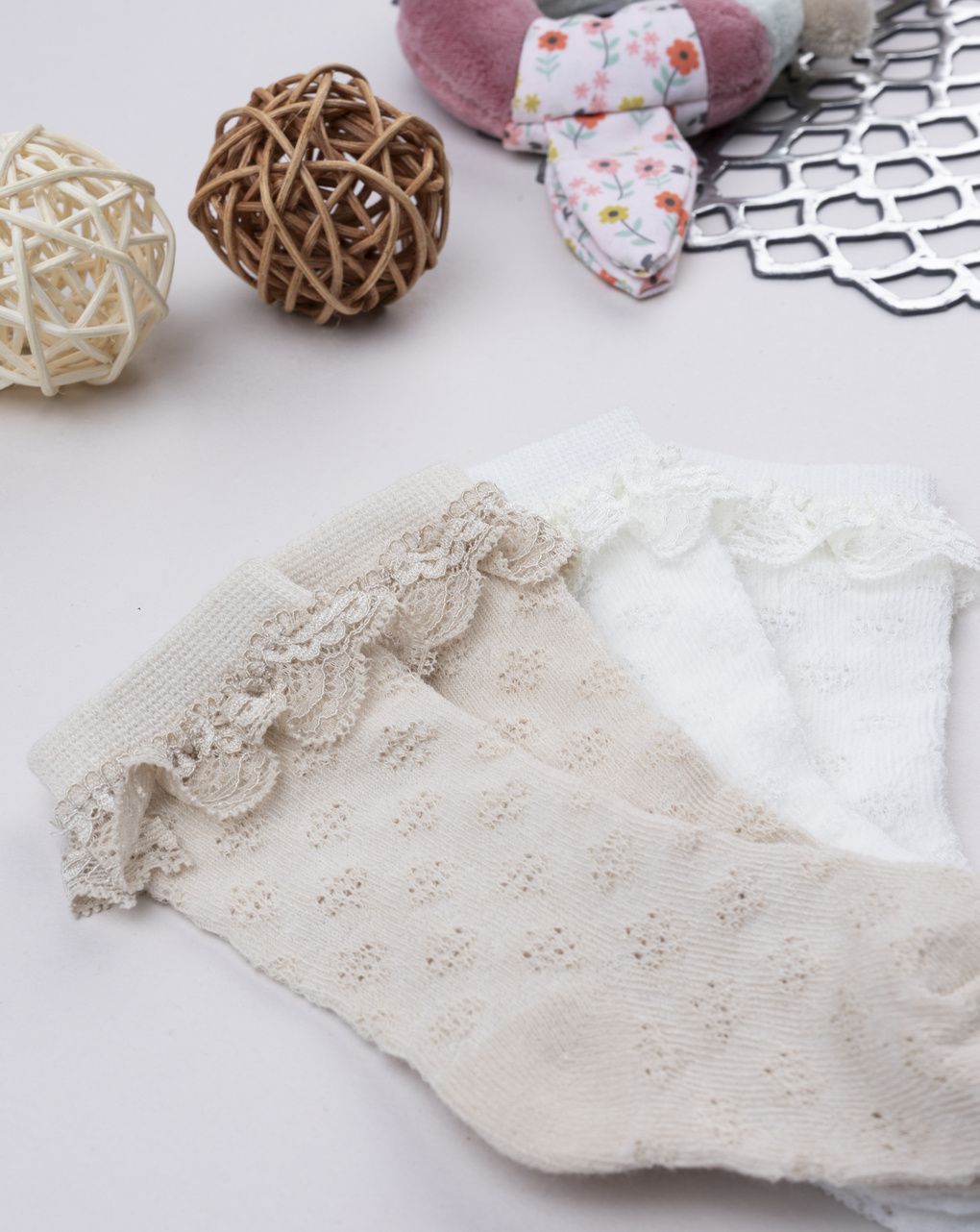 Calze bimba beige/bianco con pizzo