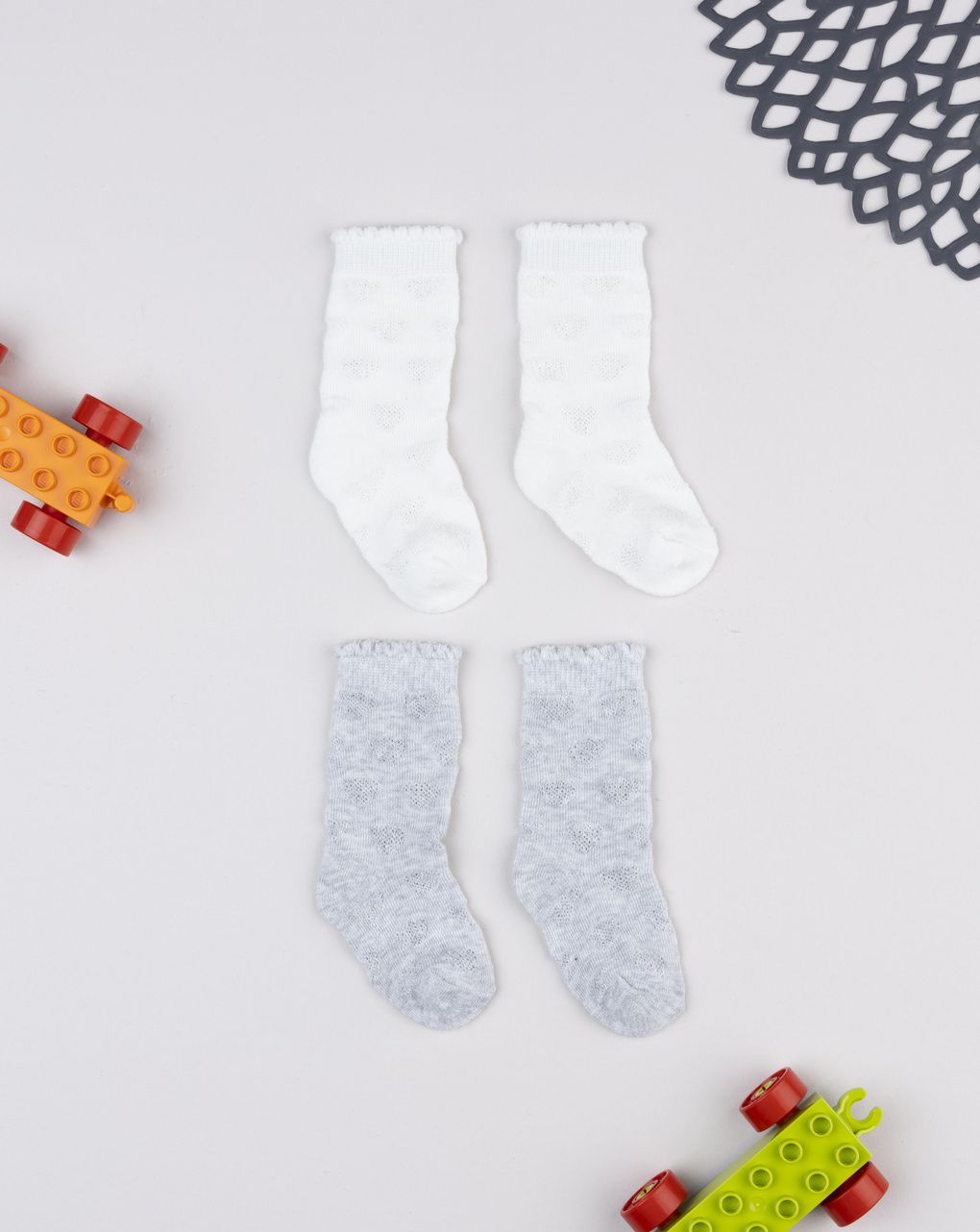 Pack 2 calze bimbo grigio/bianco ricami cuori