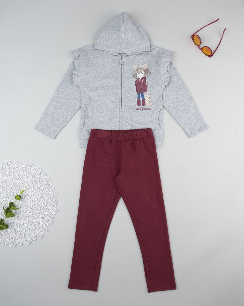 Completo jogging felpato bimba grigio/bordeaux