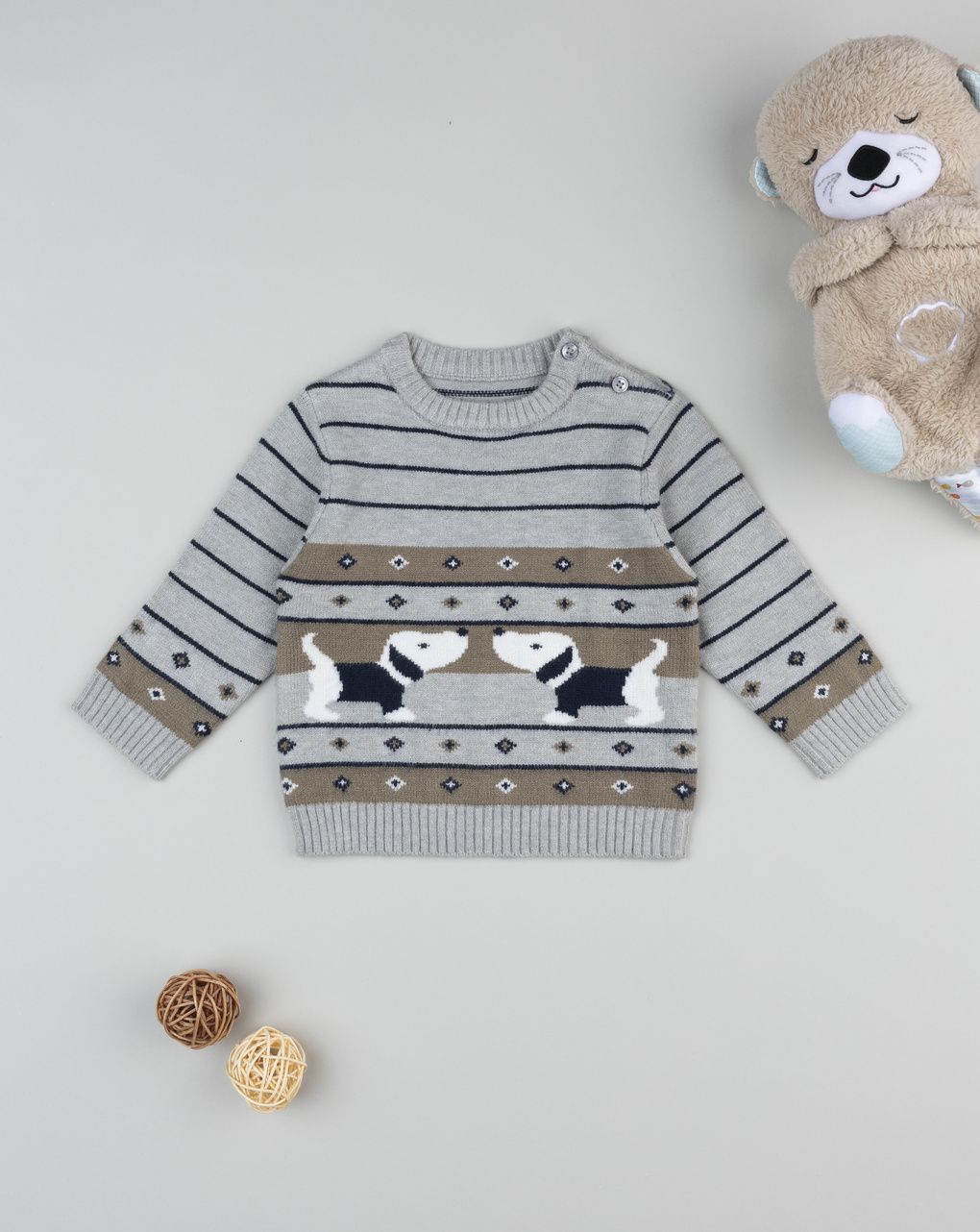 Maglia tricot bimbo grigio/marrone ricami