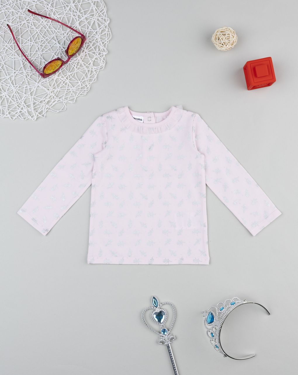 T-shirt bimba rosa stampa con frill girocollo