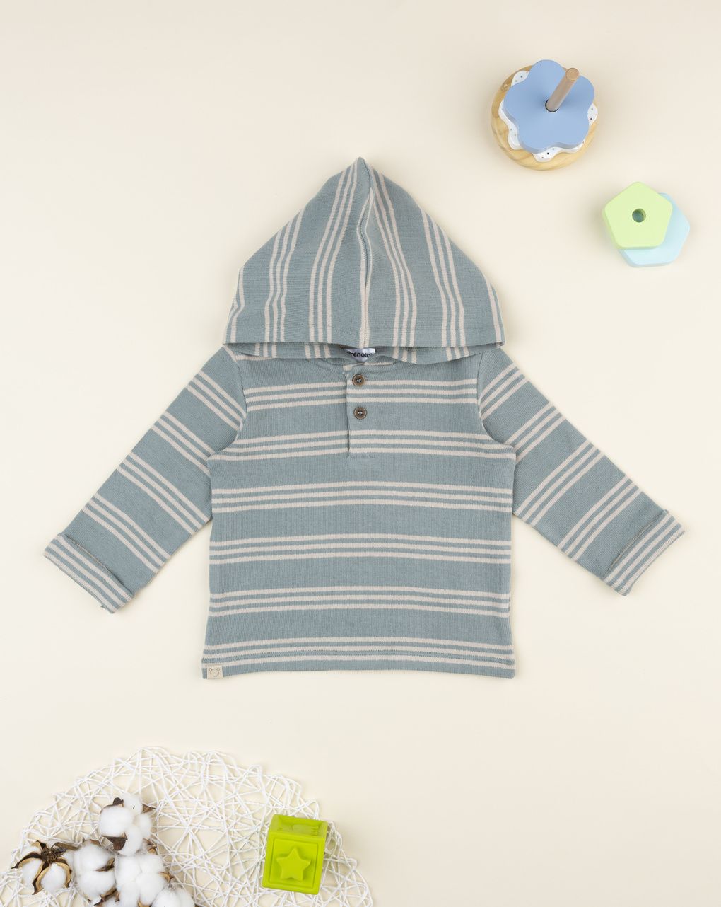 Maglia bimbo rigata verde/beige con cappuccio