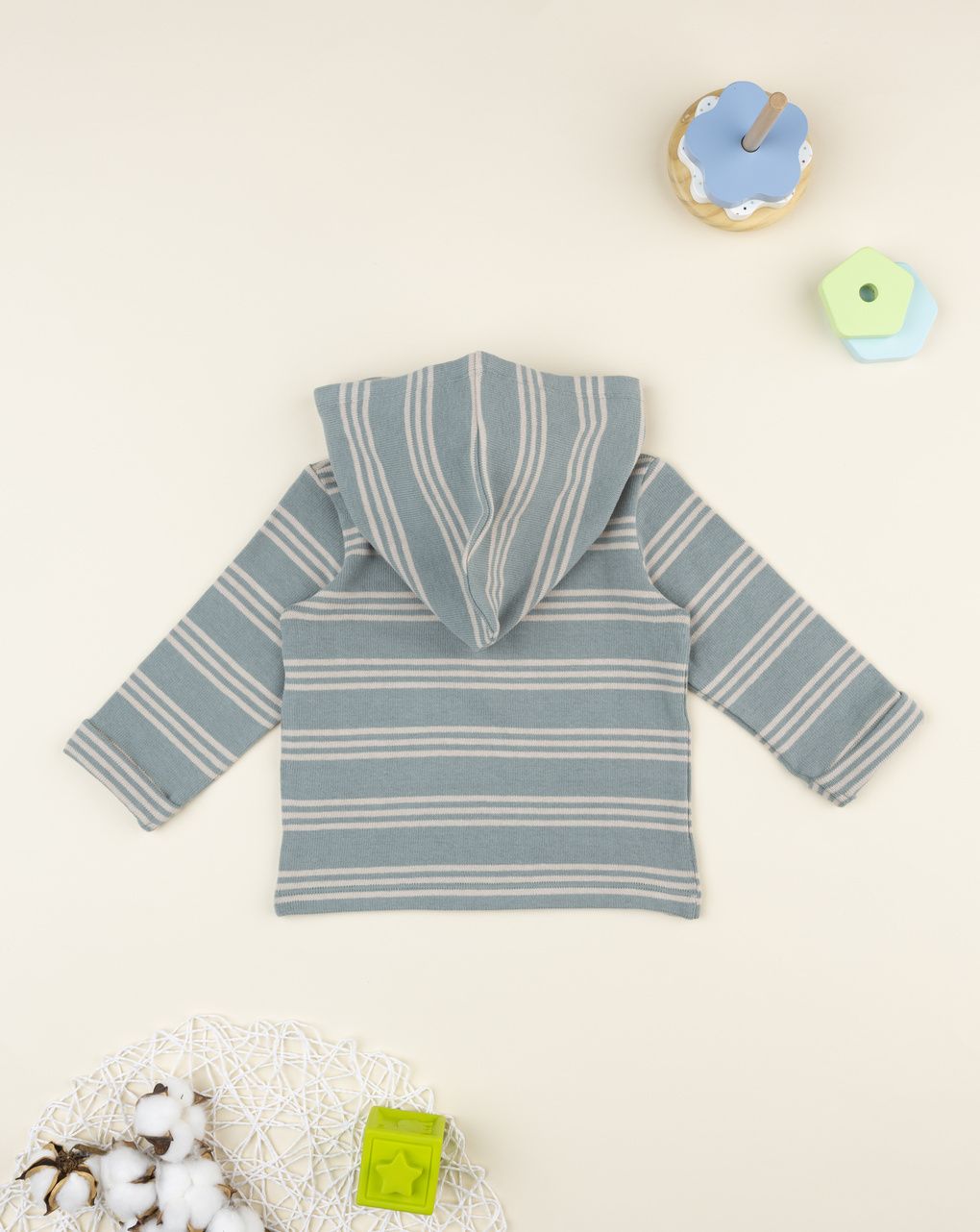 Maglia bimbo rigata verde/beige con cappuccio