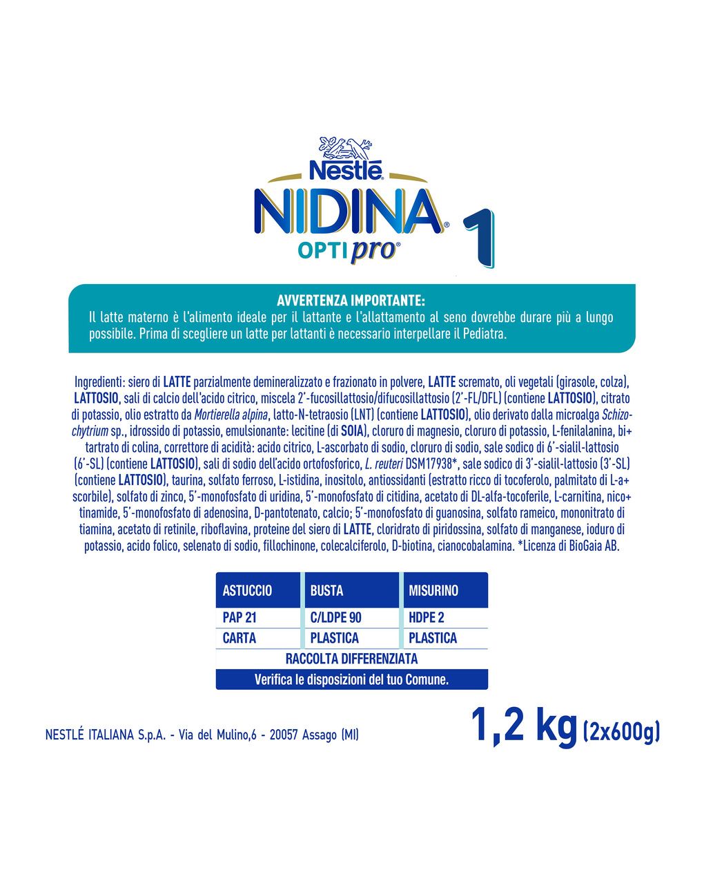 Nidina optipro 1 dalla nascita latte in polvere - 1.2 kg (2x600g) -nestlé